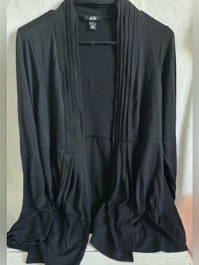 AGB Open-Front Draped Cardigan L Black Pleated Knit Lightweight Waterfall
